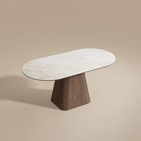 Oval Dining Table Solid Wood Walnut Veneer Base Scratch Resistant Sintered Stone Top Modern Stylish Design