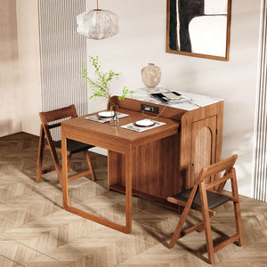 Arrtle freestanding cabinet Murphy dining table and chairs in a room with a mirror and lamp.