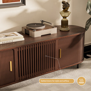 70-inch tv stand with slatted doors and a turntable on top, featuring a decorative bust and books.