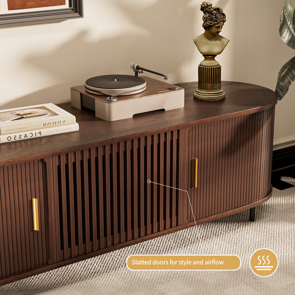 70-inch tv stand with slatted doors and a turntable on top, featuring a decorative bust and books.