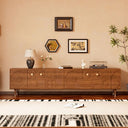 78" Retro TV Stand Carved Geometric Pattern Solid Wood Cabinet Brass-Tipped Legs