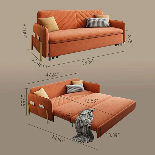 Convertible sofa bed transitioning from sofa mode to flat bed mode