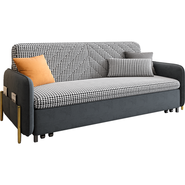 Sofa bed with checkered pattern and pillows