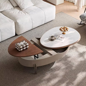 46.8'' Modern Lift-Top Coffee Table with Sintered Stone Top & Wood Base Sculptural Curved Design with Hidden Storage