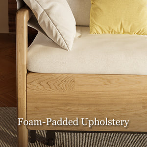 Close-up of solid wood frame and cushioned sponge fabric upholstery