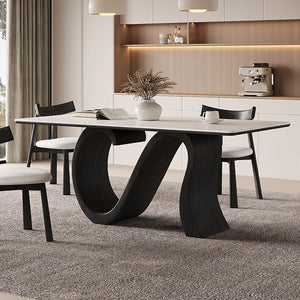 Creative S-shaped Walnut Base Round Dining Table with Marble Effect Surface