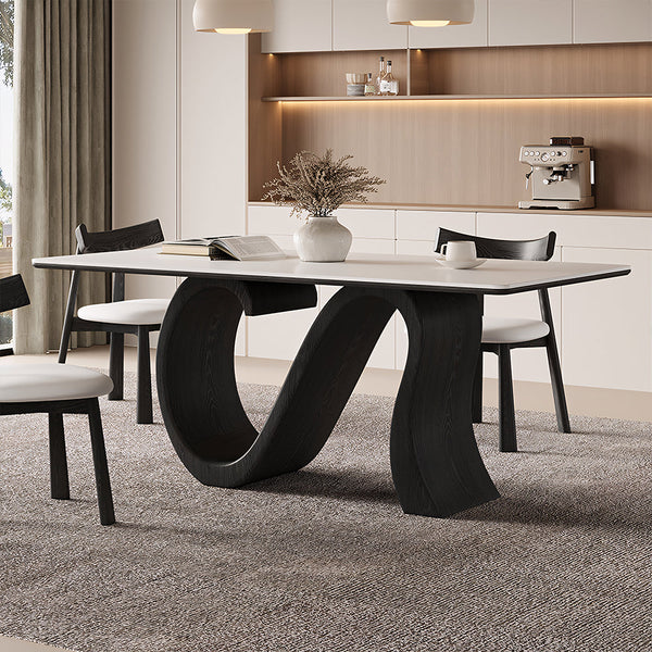 Creative S-shaped Walnut Base Round Dining Table with Marble Effect Surface
