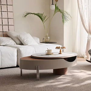 46.8'' Modern Lift-Top Coffee Table with Sintered Stone Top & Wood Base Sculptural Curved Design with Hidden Storage