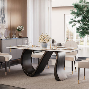 Modern Luxury Dining Set S-Shaped Walnut Base Marble-Effect Table × Gray & Gold Sideboard