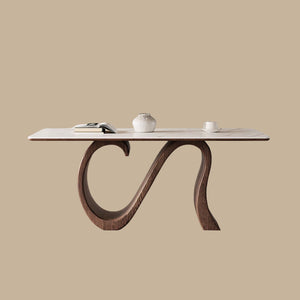 Creative S-shaped Walnut Base Round Dining Table with Marble Effect Surface