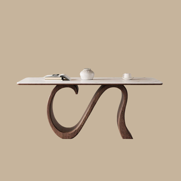 Creative S-shaped Walnut Base Round Dining Table with Marble Effect Surface