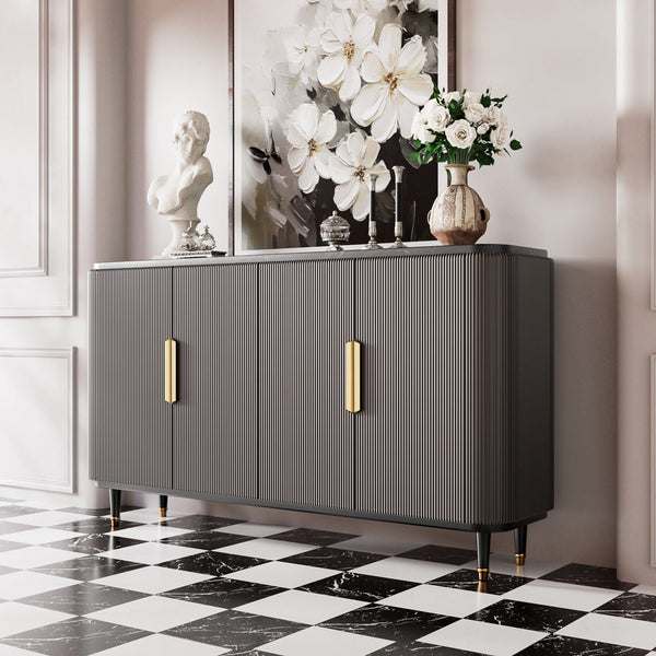 59'' Modern Luxury Elegant Gray and Gold Sideboard with Shelves