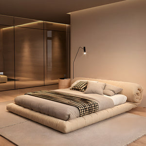 Minimalist Japanese-Style Tatami Bed Fabric Steel-Wood Slatted Frame