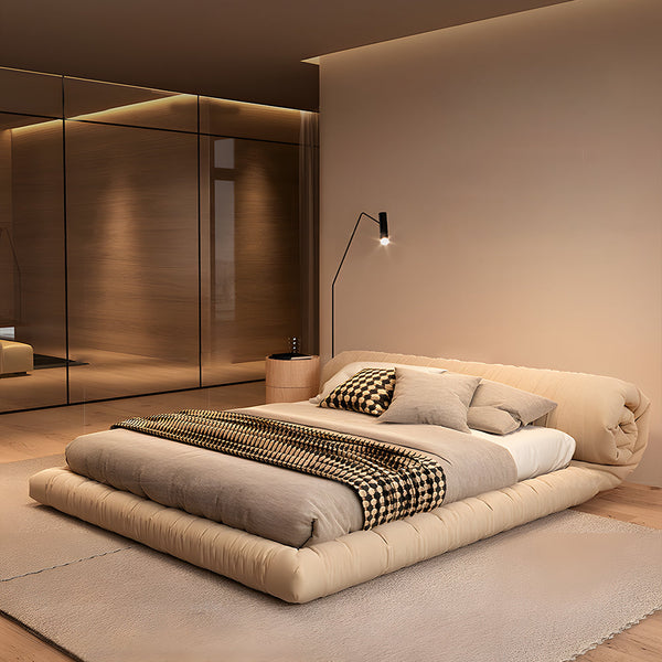 Minimalist Japanese-Style Tatami Bed Fabric Steel-Wood Slatted Frame