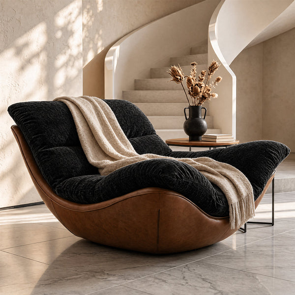 Modern Lounge Accent Chair Faux Leather Base Plush Fabric Cushion Low Profile Lazy Sofa Chair