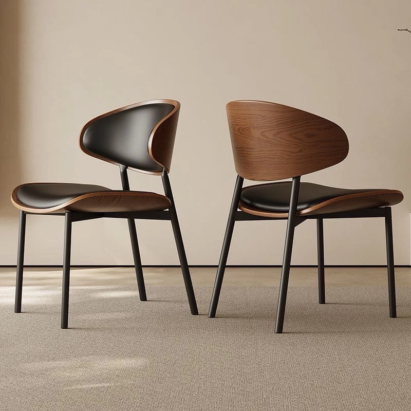 2PCS Mid Century Dining Chair Curved Back Leather Seat Wood Edge Metal Legs