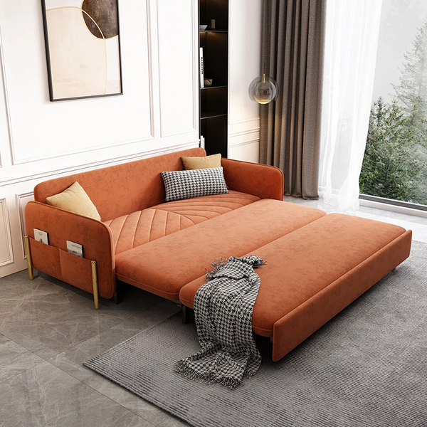 Velvet convertible sofa bed with pull-out storage drawer partially extended