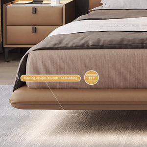 Modern Leather Platform Bed with LED Lighting Ultra-Fiber Leather Steel-Wood Slatted Frame