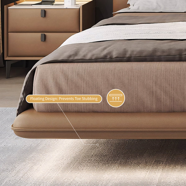 Modern Leather Platform Bed with LED Lighting Ultra-Fiber Leather Steel-Wood Slatted Frame