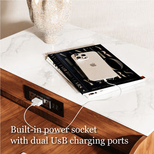 Table with a phone on it, connected to a power outlet with text 'Built-in power socket with dual USB charging ports'.