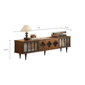 Wooden console table with decorative elements and dimensions on a white background