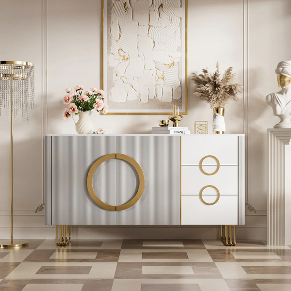 Modern Luxury Dining Set Sculptural Wood & Marble-Effect Table × White-and-Gold Buffet Cabinet