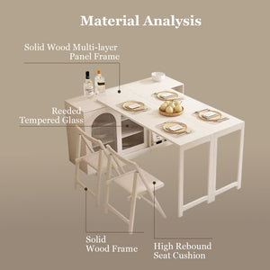 Multi-Functional Dining Table Rotating & Foldable Sideboard Sintered Stone Top Storage Cabinet with Fluted Glass Doors