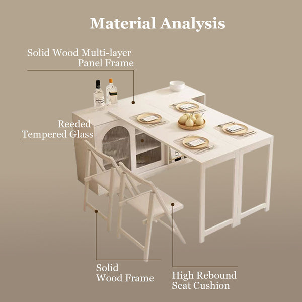 Multi-Functional Dining Table Rotating & Foldable Sideboard Sintered Stone Top Storage Cabinet with Fluted Glass Doors
