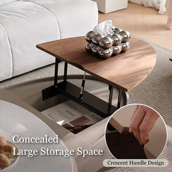 46.8'' Modern Lift-Top Coffee Table with Sintered Stone Top & Wood Base Sculptural Curved Design with Hidden Storage
