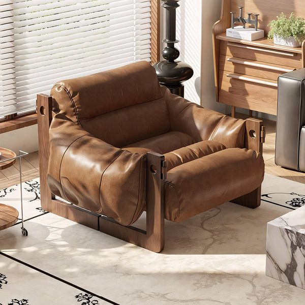 Modern Oil Waxed Leather Lounge Chair Solid Wood Frame Deep Seat Vintage Accent Armchair