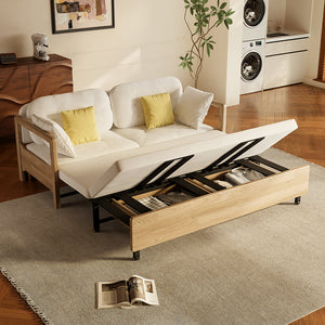 Detail of storage drawer rails beneath convertible sofa bed