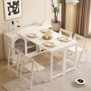 Multi-Functional Dining Table Rotating & Foldable Sideboard Sintered Stone Top Storage Cabinet with Fluted Glass Doors