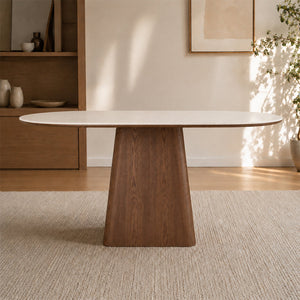 Oval Dining Table Solid Wood Walnut Veneer Base Scratch Resistant Sintered Stone Top Modern Stylish Design