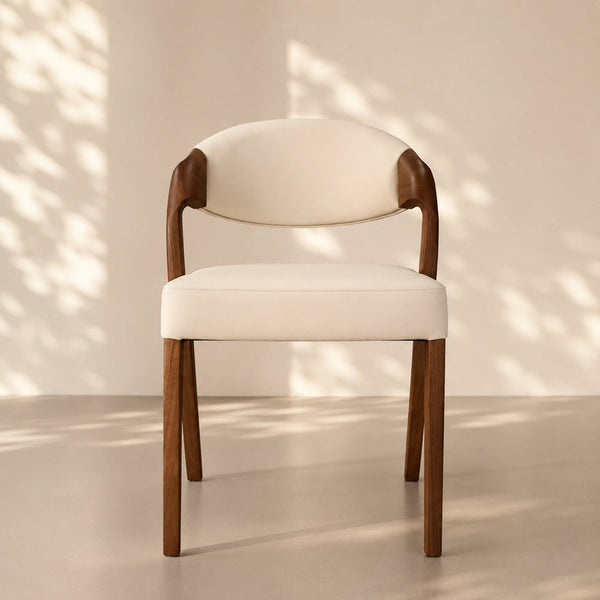 Modern Minimalist Dining Chair Set of 2 Elegant Cream Upholstery & Sculpted Wood Frame