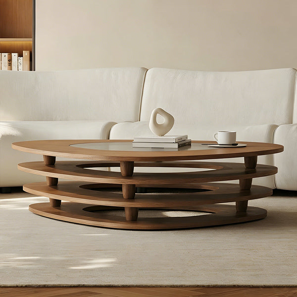 Modern Oval Wood Coffee Table with Glass Inlay Sculptural Layered Base