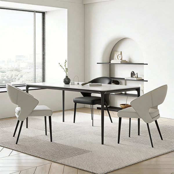 2PCS Modern Curved Upholstered Dining Chair Leather Accent Armchair with Black Metal Legs