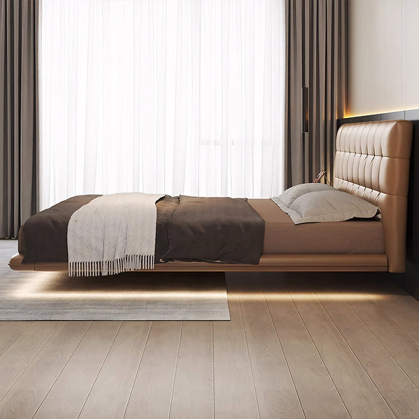 Modern Leather Platform Bed with LED Lighting Ultra-Fiber Leather Steel-Wood Slatted Frame