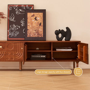 78" Retro TV Stand Carved Geometric Pattern Solid Wood Cabinet Brass-Tipped Legs