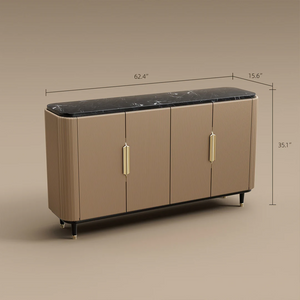 Modern Luxury Dining Set S-Shaped Walnut Base Marble-Effect Table × Gray & Gold Sideboard