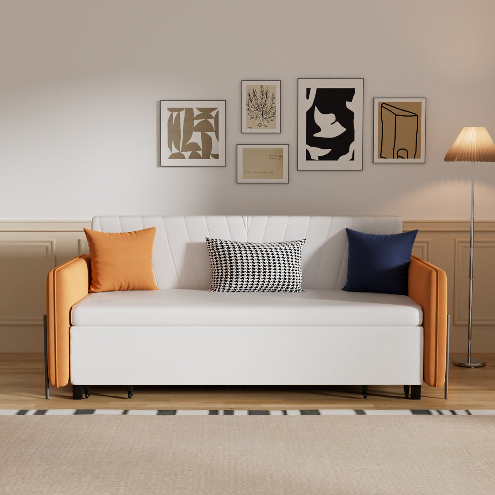 66.9″ modern convertible sofa bed with neutral upholstery and integrated side pockets.