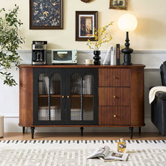62.9'' Sideboard Buffet Cabinet Retro Modern Design Textured Glass Doors Ample Storage Space