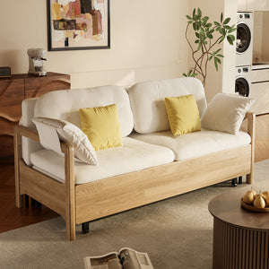 Living space featuring convertible fabric sofa bed with storage