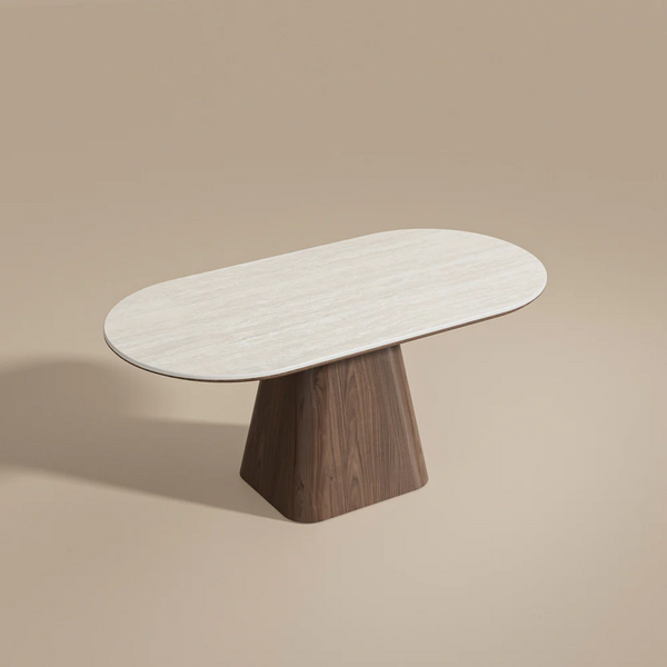 Oval Dining Table Solid Wood Walnut Veneer Base Scratch Resistant Sintered Stone Top Modern Stylish Design
