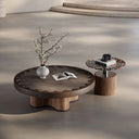 Modern Round Coffee Table Set with Sculptural Base & Glass Accent Side Table Luxury Contemporary Living Room Furniture