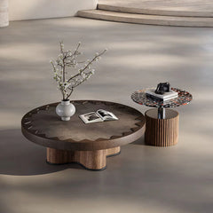Modern Round Coffee Table Set with Sculptural Base & Glass Accent Side Table Luxury Contemporary Living Room Furniture