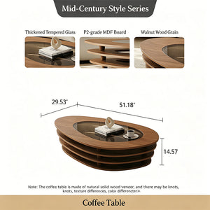 Modern Oval Wood Coffee Table with Glass Inlay Sculptural Layered Base