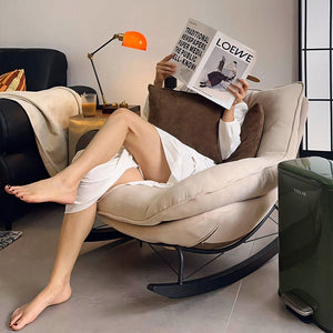 Modern Rocking Lounge Chair Upholstered Fabric Accent Chair with Curved Design and Metal Base