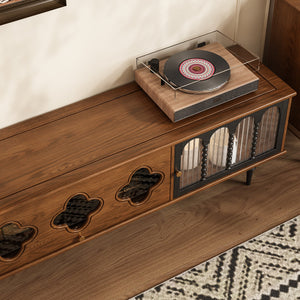 Wooden console table with a vinyl record player on top
