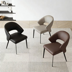 2PCS Modern Curved Upholstered Dining Chair Leather Accent Armchair with Black Metal Legs