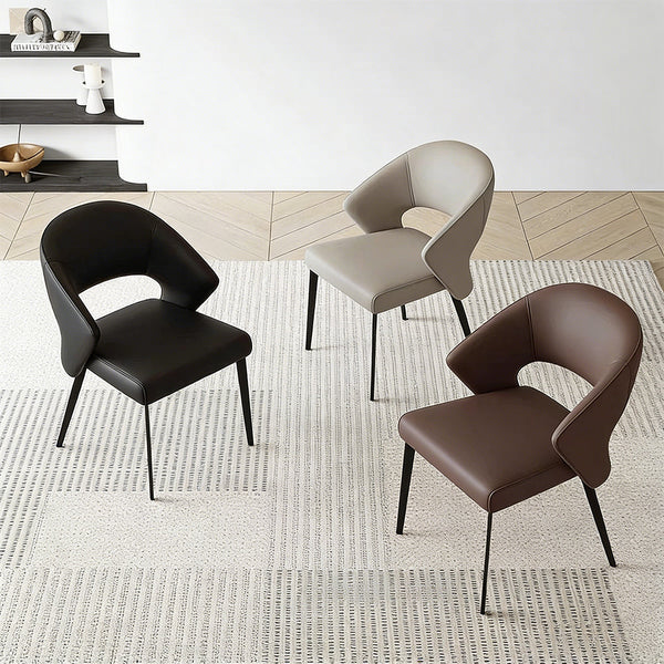 2PCS Modern Curved Upholstered Dining Chair Leather Accent Armchair with Black Metal Legs